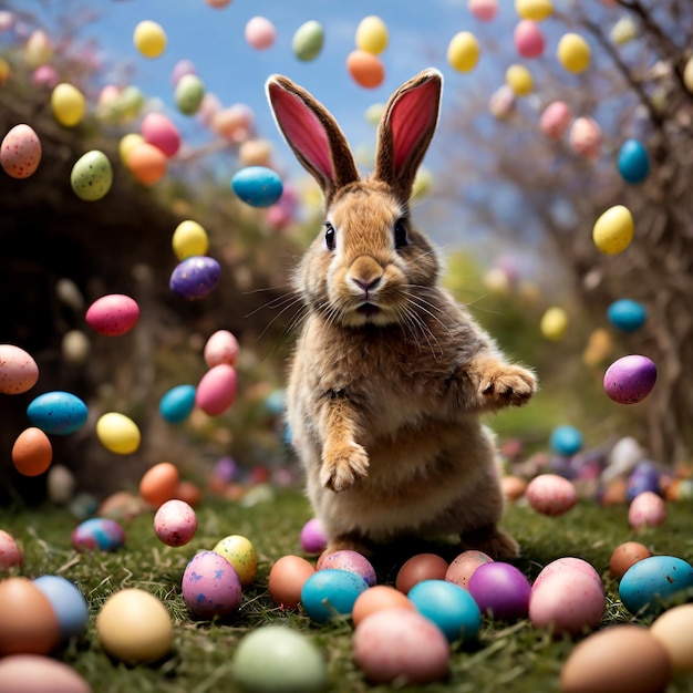 Easter Bunny jumps with excitement colorful Easter eggs AI image