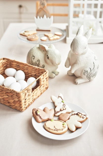 Easter Bunny Kitchen table decor Eggs and rabbits Gingerbread and sweets