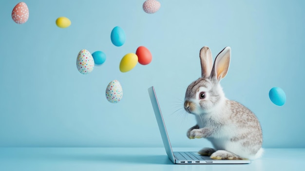 Easter Bunny on Laptop with Falling Eggs