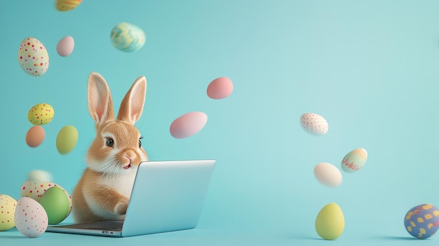 Easter Bunny on Laptop with Falling Eggs