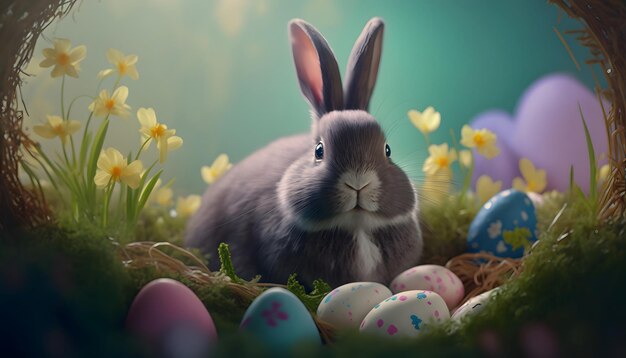 Easter bunny in a nest of eggs