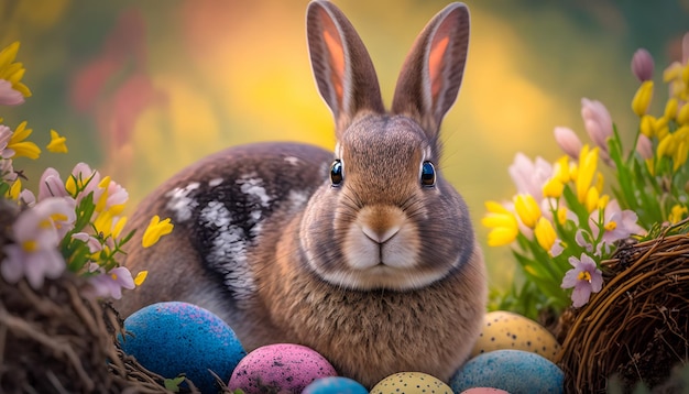 Easter bunny in a nest with colorful eggs