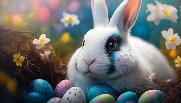 Easter bunny in a nest with easter eggs