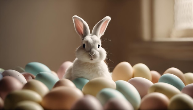 Easter Bunny nestled among a bed of pastelcolored Easter eggs