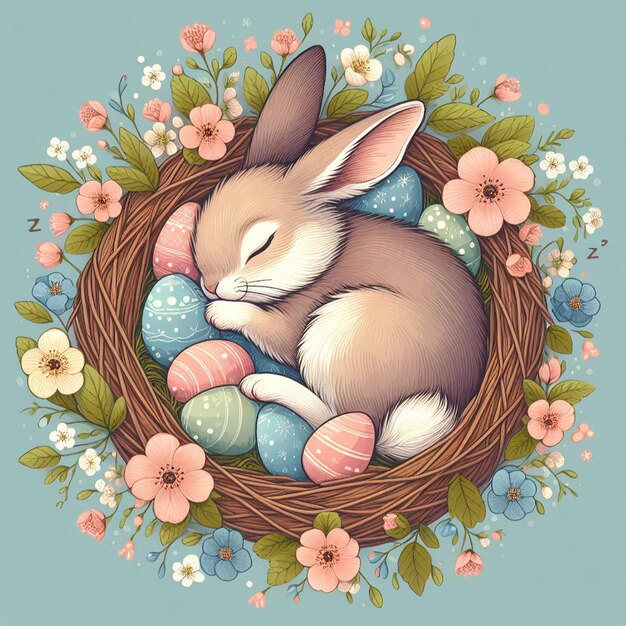 Easter bunny nestled in a cozy nest surrounded by pastelcolored eggs and delicate spring blossoms