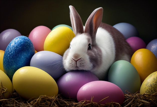 Easter bunny on a pile of colourful easter eggs illustration AI generative