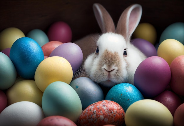 Easter bunny on a pile of colourful easter eggs illustration AI generative