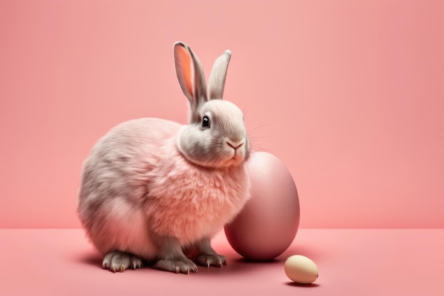 Easter bunny rabbit on a pink background holding a painted egg in pink holiday concept for Easter