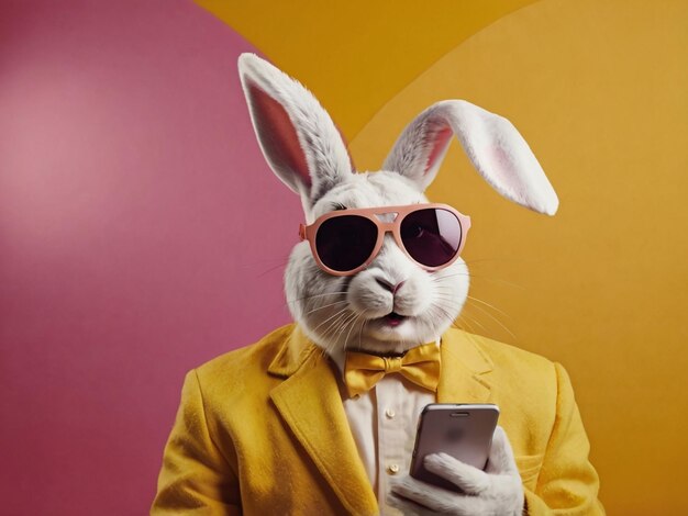 Easter bunny rabbit sunglasses and fashion outfit using smartphone on yellow background