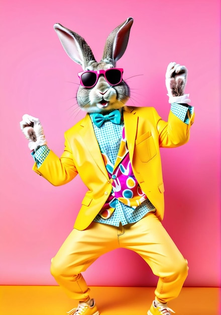 Easter bunny rabbit wearing sunglasses and colorful fashion outfit dancing