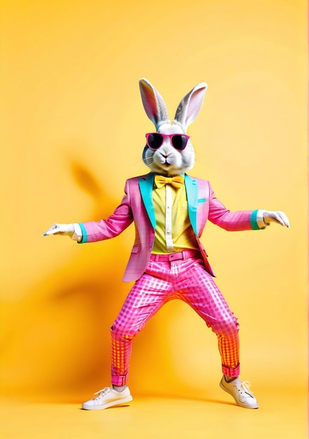 Photo easter bunny rabbit wearing sunglasses and colorful fashion outfit dancing