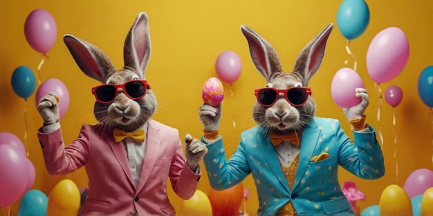 Photo easter bunny rabbit wearing sunglasses and colorful fashion outfit dancing