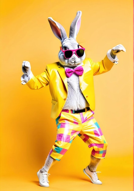 Photo easter bunny rabbit wearing sunglasses and colorful fashion outfit dancing