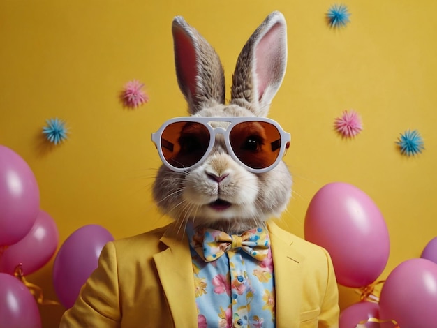 Easter bunny rabbit wearing sunglasses and colorful fashion outfit dancing