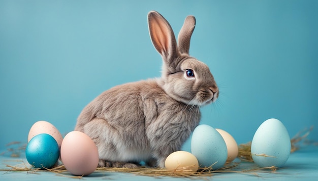 Easter bunny rabbit with blue painted egg on blue background Easter holiday concept