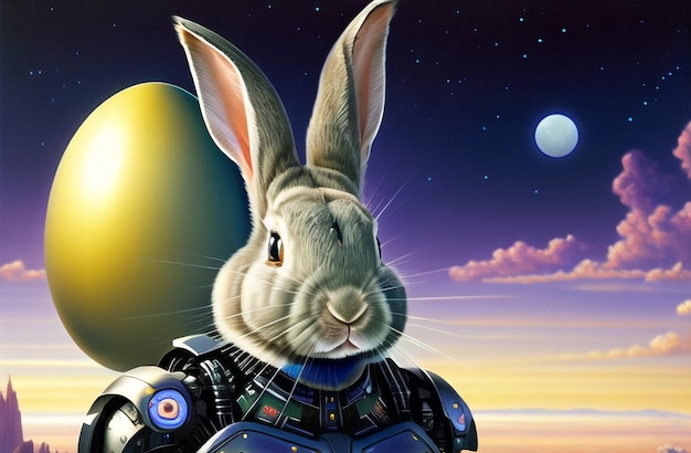 Easter bunny robot banner in farm Landscape background Easter Holiday Celebration AI Generated