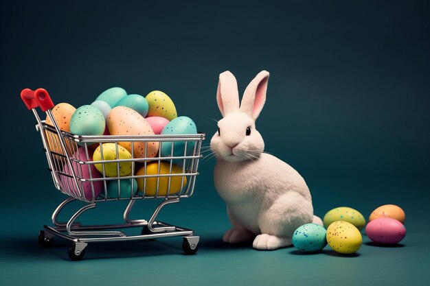 Easter Bunny in a shopping cart with easter eggs around bannerGenerative AI