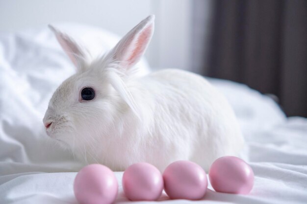 Easter bunny sits with pink eggs white cute rabbit the rabbit hatches eggs easter painted eggs