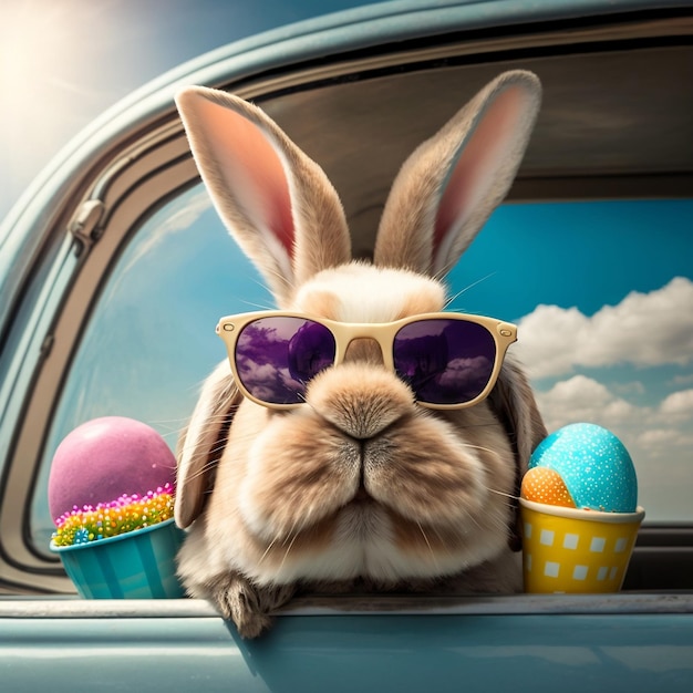 Easter Bunny sporting shades amid a car brimming with eggs the cutest sight this holiday Generative AI