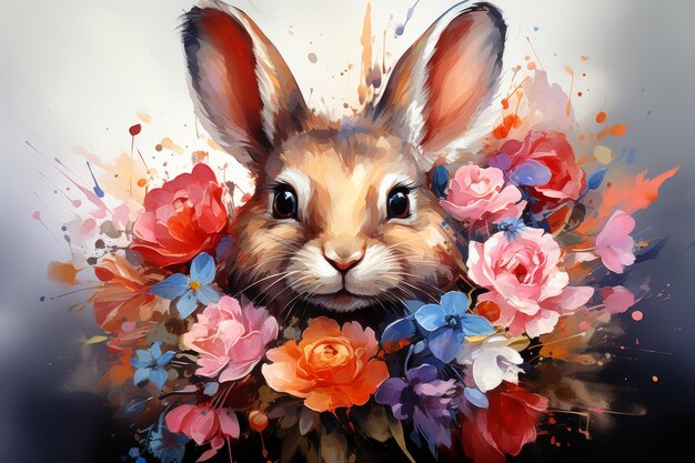 Easter bunny and spring flowers watercolor painting cute rabbit head for easter celebration