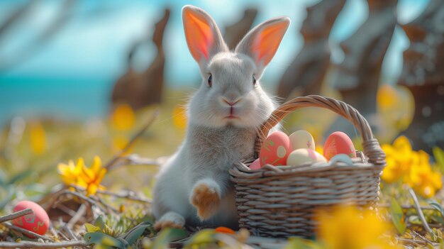 The Easter Bunny stands near a basket of Easter Eggs on the island of Rapa Nui with the Moai statues