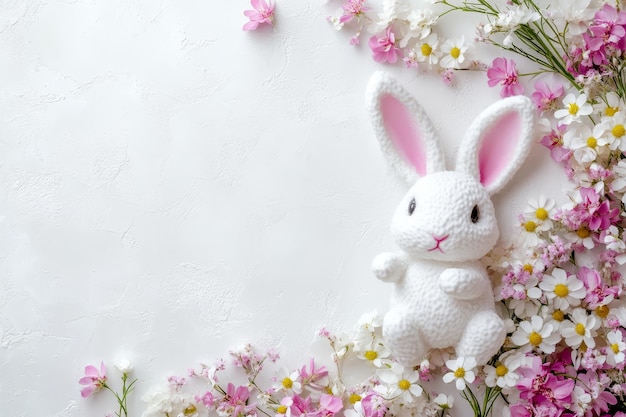 Photo easter bunny surrounded by vibrant spring flowers in a charming white mockup setting