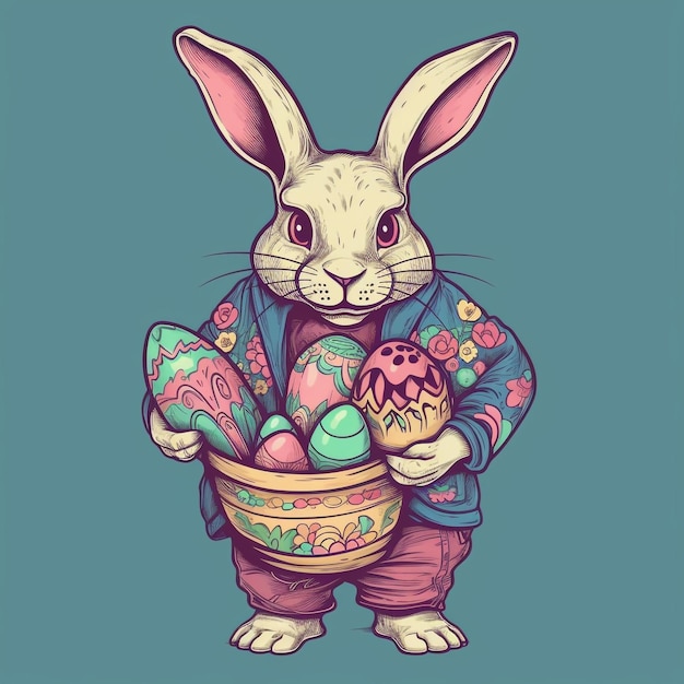 easter bunny with basket of decorated eggs coloring book