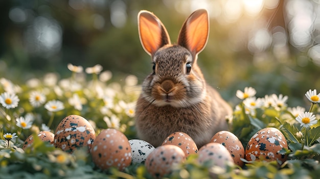 Easter bunny with colored eggs in blooming meadow grass