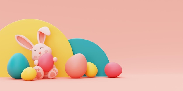 Easter bunny with colorful easter eggshappy easter holiday conceptminimal style3d rendering