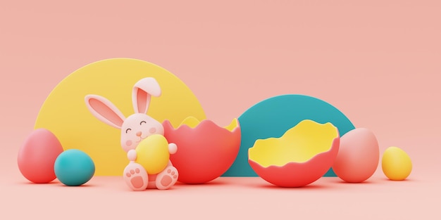 Easter bunny with colorful easter eggshappy easter holiday conceptminimal style3d rendering