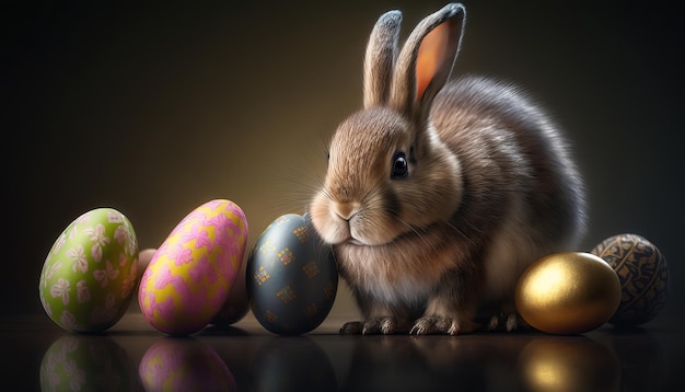 Easter bunny with easter eggs on dark background Generative AI