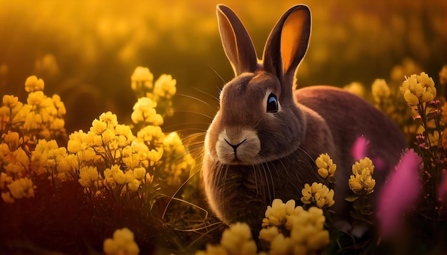 Easter bunny with easter eggs in a field of flowers