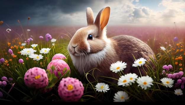 Easter bunny with easter eggs in a field of flowers