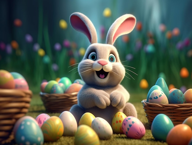 Easter bunny with easter eggs in a field