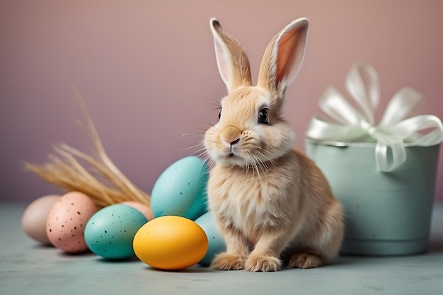 Easter bunny with easter eggs on pastel background Studio shot