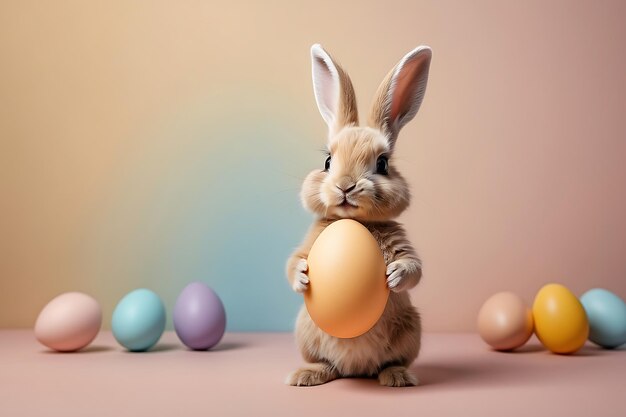 Easter bunny with easter eggs on pastel background Studio shot