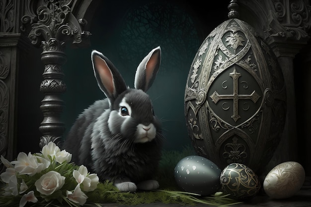 Photo easter bunny with eggs in dark gothic style