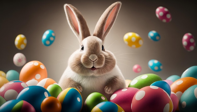 Easter bunny with many colorful Easter eggs Colorful Easter eggs Easter concept Generative AI