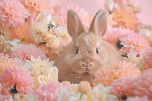 Easter Bunny with orange flowers and Easter eggs Happy Easter background