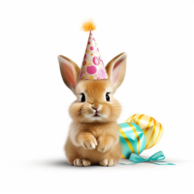 Easter bunny with party hat on white background