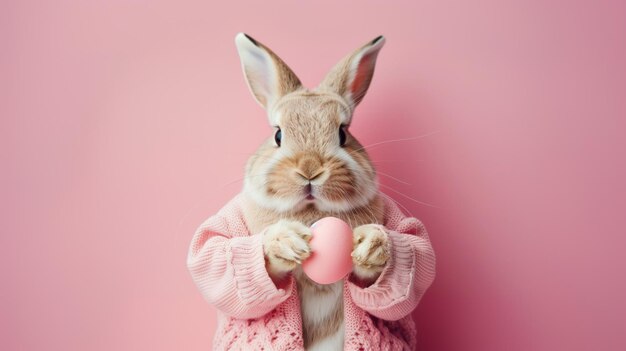 Easter bunny with pink egg on a soft pink background