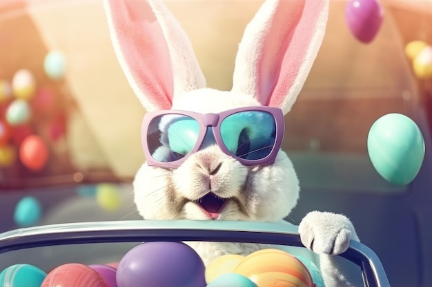 Easter bunny with sunglasses in car Adorable animal