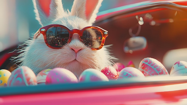 Easter Bunny with Sunglasses in Car with Eggs Illustration