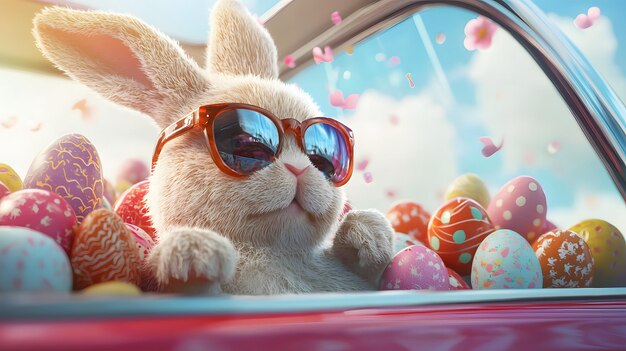 Photo easter bunny with sunglasses in car with eggs illustration