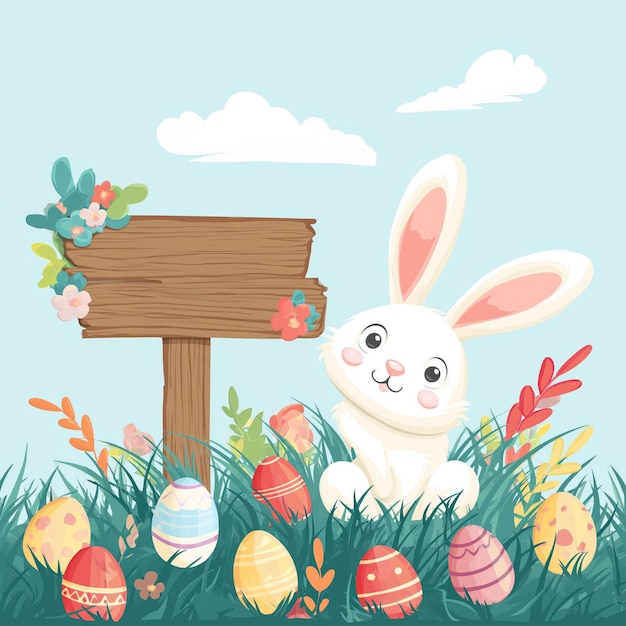 Easter bunny with wood sign illustration pastel colors