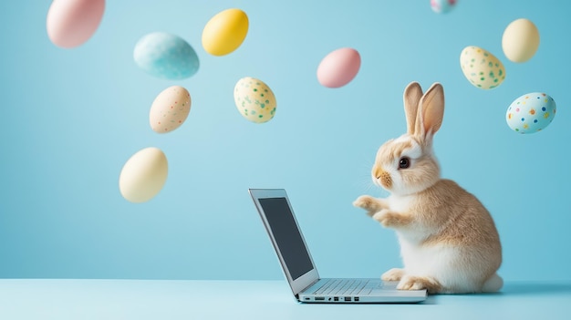 Photo easter bunny working on laptop