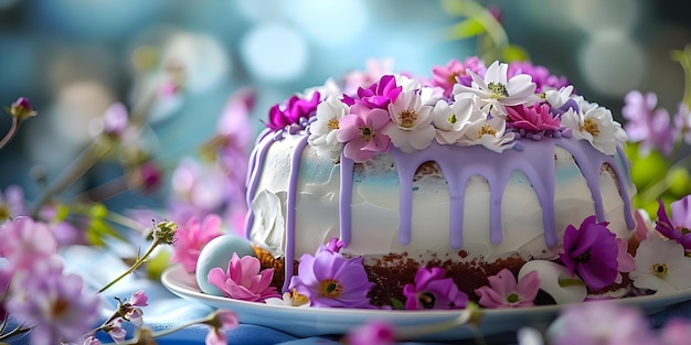 Easter cake adorned with flowers in a beautiful display Concept Easter Celebration Floral Decorations Cake Decorating Springtime Treats Holiday Desserts