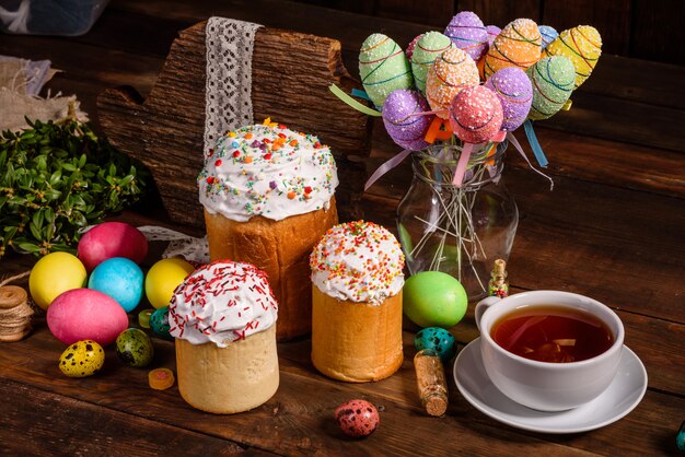 Easter cake and colorful decorative eggs