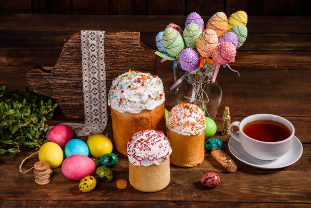 Easter cake and colorful decorative eggs