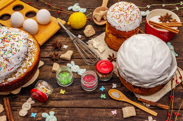 Easter cake decoration. Icing-sugar, topping, edible beads